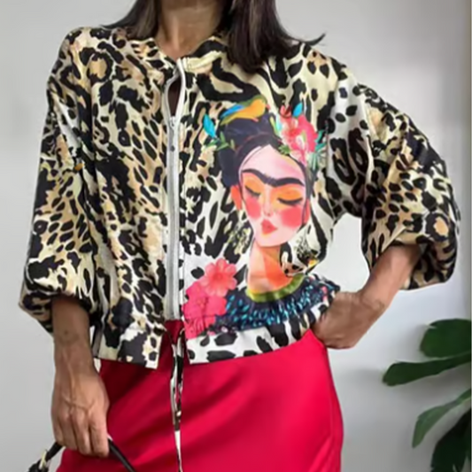 Leopard Unique Print Zipper Drawstring Hem Jacket