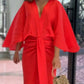 Solid Color V-Neck Pleated Dress with Fishtail Hem