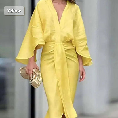 Solid Color V-Neck Pleated Dress with Fishtail Hem