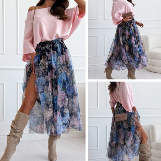 Off-Shoulder Loose Top & Mesh Printed Skirt Set