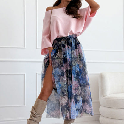 Off-Shoulder Loose Top & Mesh Printed Skirt Set