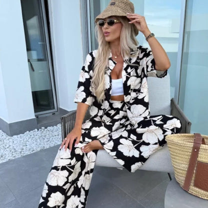 Women's Casual Floral Print Top & Pants Two-Piece Set