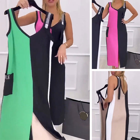 V-Neck Color Blocked Sleeveless Knit Dress