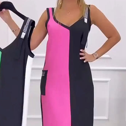 V-Neck Color Blocked Sleeveless Knit Dress