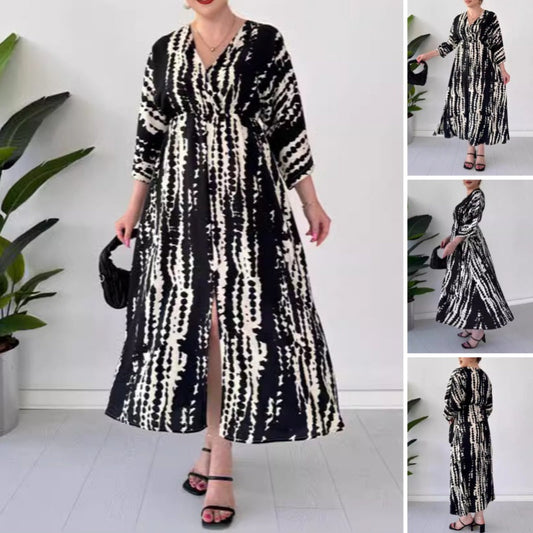 Women’s Elegant Print V-Neck Slit Long Dress
