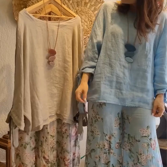 💐Women's Loose Fit Blouse & Floral Printed Wide-Leg Pants Set