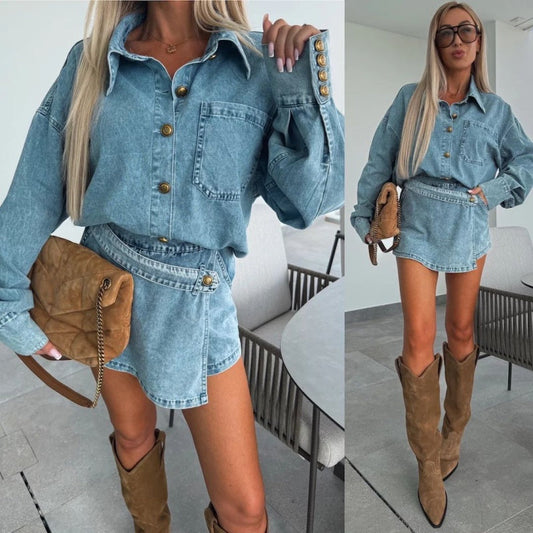 Women's Summer Denim Set Oversized Shirt & Skirt Shorts