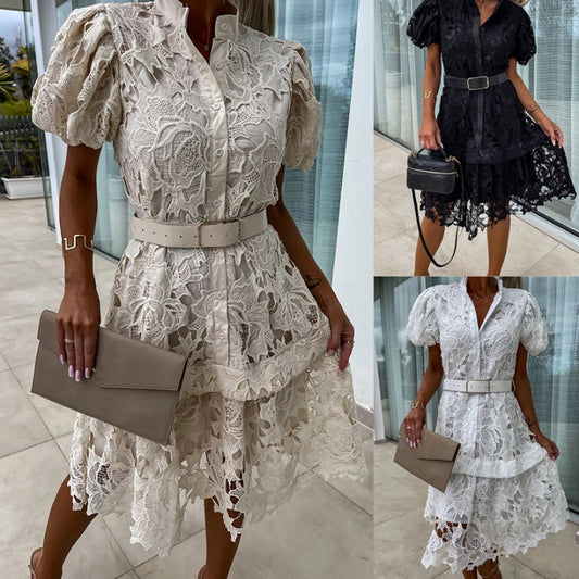 Women's Retro Short Sleeve Hollow Out Lace Dress