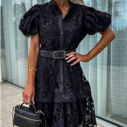 Women's Retro Short Sleeve Hollow Out Lace Dress