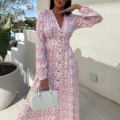 🌷Hot Sale 50% OFF🌸Fashion V-Neck Button Long Sleeve Floral Waist Dresses