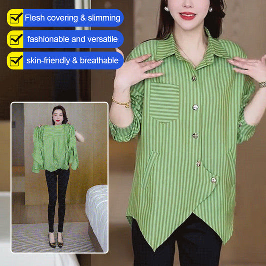⏳ Limited time 50% off! 💥Women's Striped Button Down Irregular Patchwork Casual Long Sleeve Shirt Top（The more you buy, the higher the discount）
