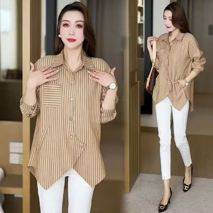 ⏳ Limited time 50% off! 💥Women's Striped Button Down Irregular Patchwork Casual Long Sleeve Shirt Top（The more you buy, the higher the discount）