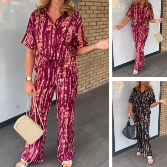 Women's Printed Button-Down Shirt & Pants 2-Piece Set