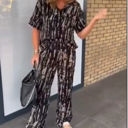 Women's Printed Button-Down Shirt & Pants 2-Piece Set