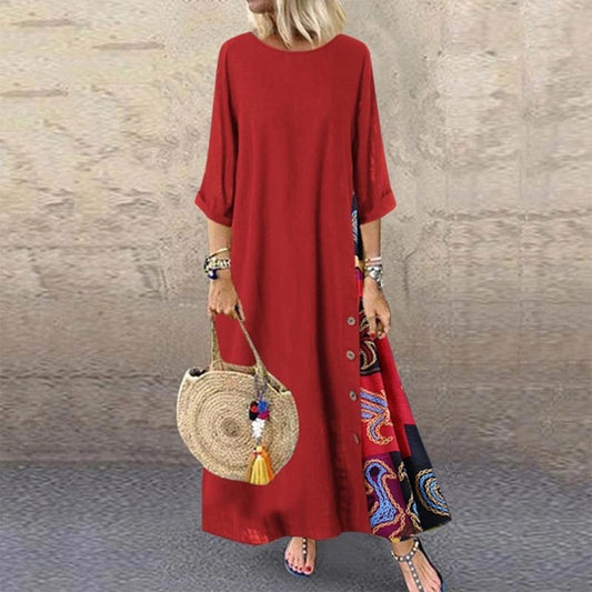 Women's Long Vintage Floral Print Round Neck Dress