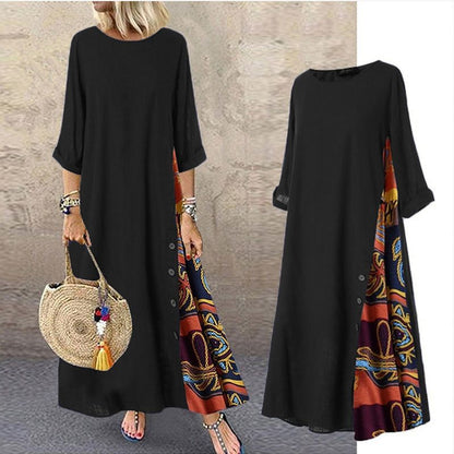 Women's Long Vintage Floral Print Round Neck Dress