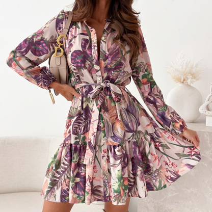 Floral Pattern Waist-Cinching Ruffled Shirt Dress