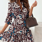 Floral Pattern Waist-Cinching Ruffled Shirt Dress