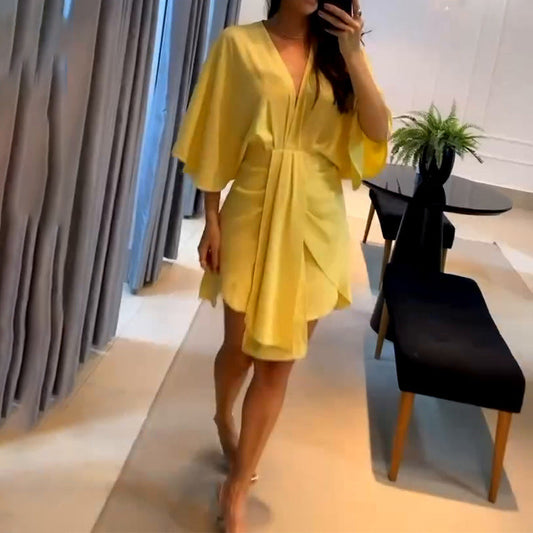 Solid Color V-Neck Backless Dress with Ruffle Waist