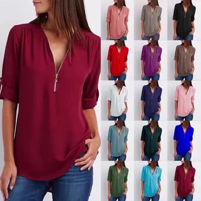 🔥Summer Hot Sale-49% Off🩷V Neck Loose Chiffon 3/4 Sleeve Zipper Blouse
