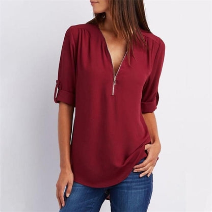 🔥Summer Hot Sale-49% Off🩷V Neck Loose Chiffon 3/4 Sleeve Zipper Blouse