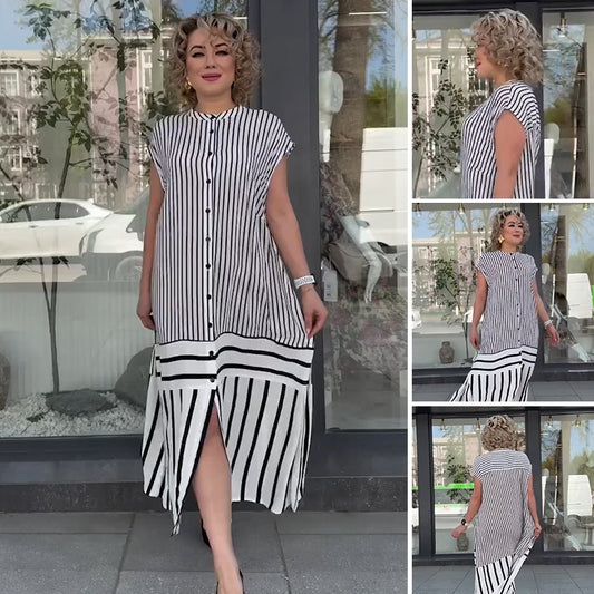 Women's Loose Striped Button Down Long Dress