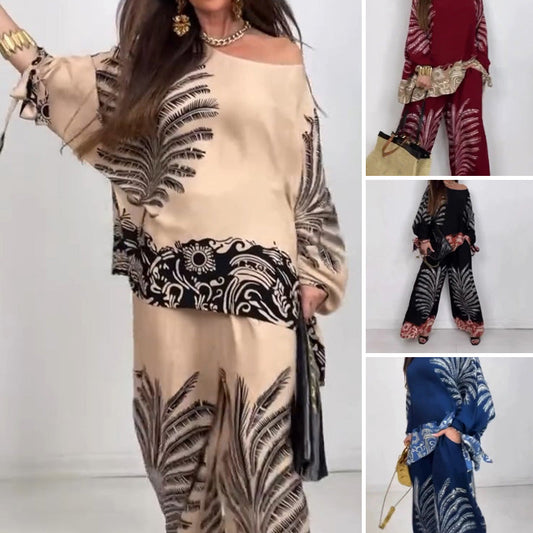 Women's Elegant Ethnic Style Printed Top Wide Leg Pants Set
