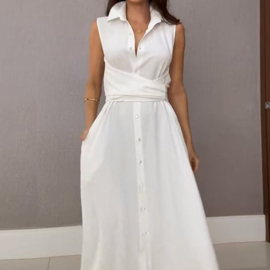 Women's Sleeveless Shirt Maxi Dress with Waist Tie