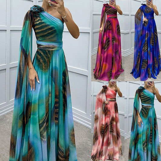 Women's Fluttering Chiffon Printed Diagonal Shoulder Dresses