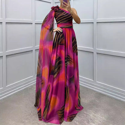 Women's Fluttering Chiffon Printed Diagonal Shoulder Dresses