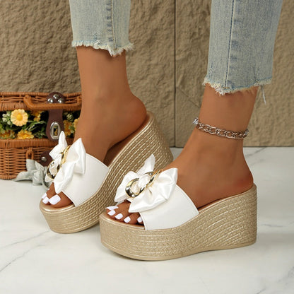 🎉2025 New Products Hot Sale✨Bowknot PU Leather Wedge Slippers-Buy 2 Get 10% Off