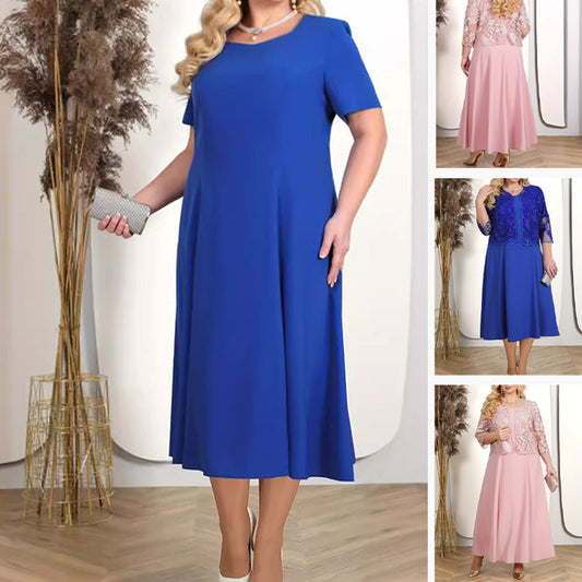 Women's Solid Color Dress with Lace Embroidered Jacket Set