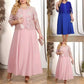 Women's Solid Color Dress with Lace Embroidered Jacket Set