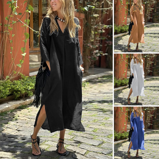 Women's Casual V-Neck Long Dress with Pockets & Slit Hem