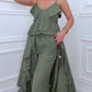 Women's Fashion Ruffle Hem Spaghetti Top Drawstring Wide Leg Pants Set