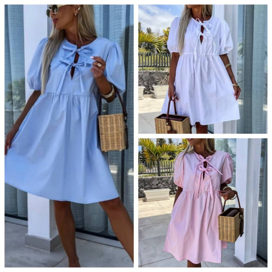 💕What should I wear tomorrow?💕Women’s Trendy Solid Color Bow Tie Front Puff Sleeve Dress