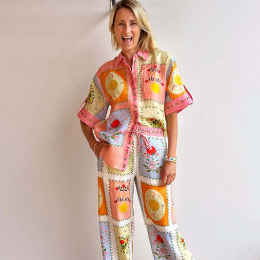 Women’s Vintage Floral Print Shirt & Pants Two-Piece Set