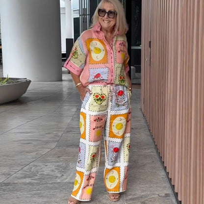 Women’s Vintage Floral Print Shirt & Pants Two-Piece Set