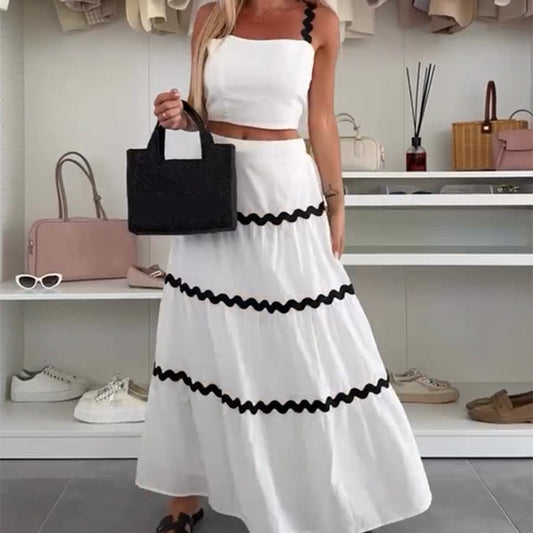 Stylish Crop Top & Patchwork Maxi Skirt 2 PCS Set