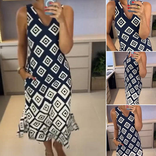 Sleeveless V-Neck Rectangular Print Dress