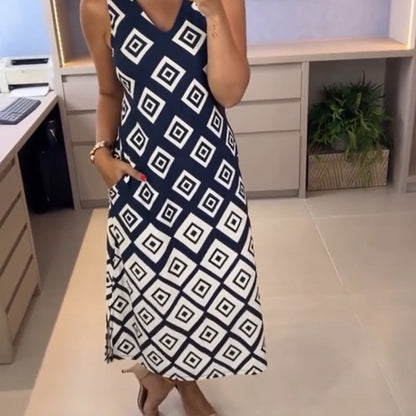 Sleeveless V-Neck Rectangular Print Dress