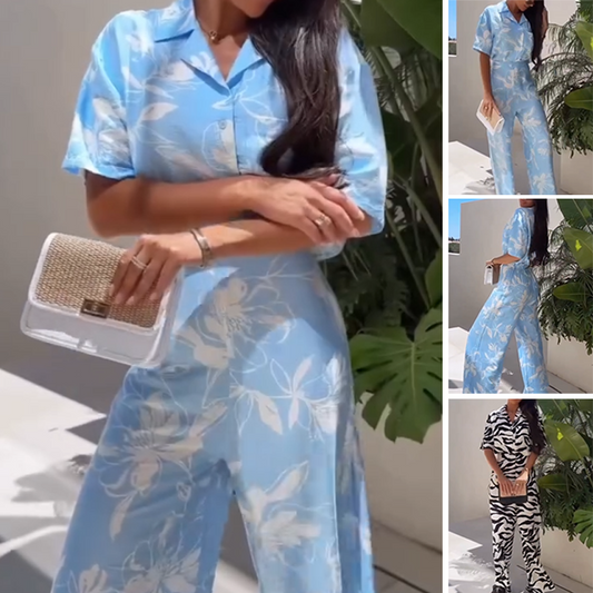 Women's Casual Printed Short Sleeve Shirt Wide Leg Pants Set