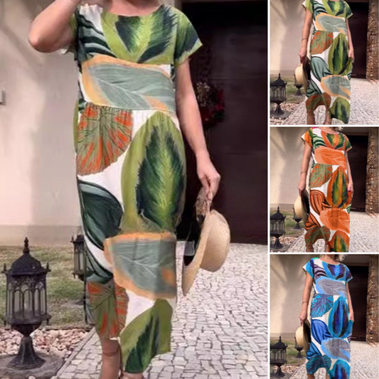 Leaf Print Round Neck Side Split Short Sleeve Dress