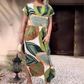 Leaf Print Round Neck Side Split Short Sleeve Dress