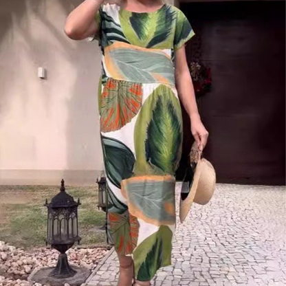 Leaf Print Round Neck Side Split Short Sleeve Dress