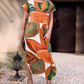 Leaf Print Round Neck Side Split Short Sleeve Dress