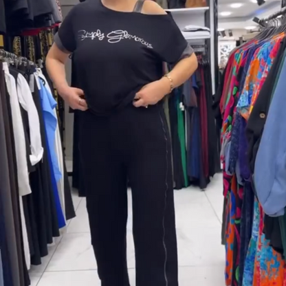 Loose Fit Off Shoulder T-Shirt & Wide Leg Pants Set