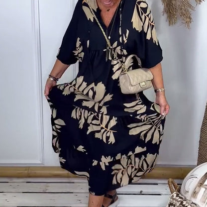 Women's Loose Printed V-Neck Dress