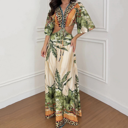 Leopard Print Tie Front Cutout Maxi Dress