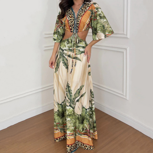 Leopard Print Tie Front Cutout Maxi Dress
